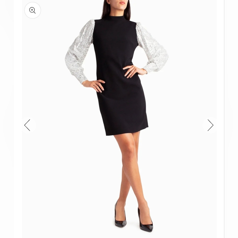 Nicole Miller Stretch Crepe Camille Dress Sequin Puff Sleeves Black size 10 NWT